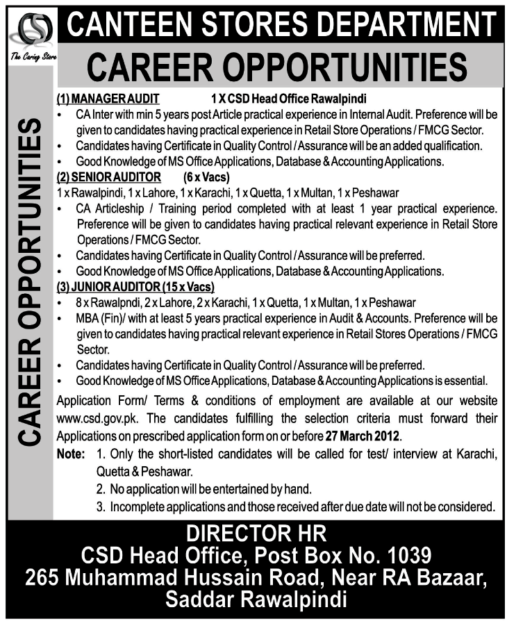CSD (Govt Jobs) Requires Manager Audit, Senior Auditor and Junior